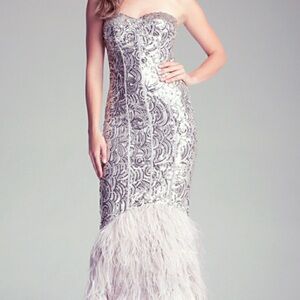 Bebe Strapless Sequin Feather Hem Dress Silver Y2K Formal Party Wedding M